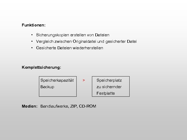 Funktionen: • Sicherungskopien erstellen von Dateien • Vergleich zwischen Originaldatei und gesicherter Datei •