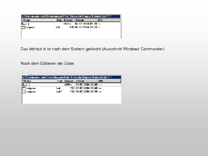 Das Attribut A ist nach dem Sichern gelöscht (Ausschnitt Windows Commander) Nach dem Editieren