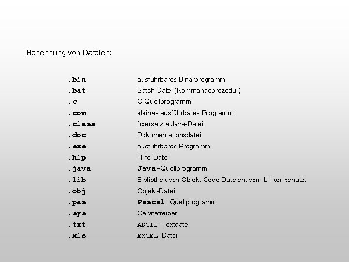 Benennung von Dateien: . bin. bat. c. com. class. doc. exe. hlp. java. lib.