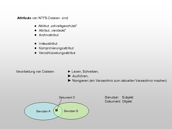 Attribute von NTFS-Dateien sind: ● Attribut „schreibgeschützt“ ● Attribut „versteckt“ ● Archivattribut ● Indexattribut