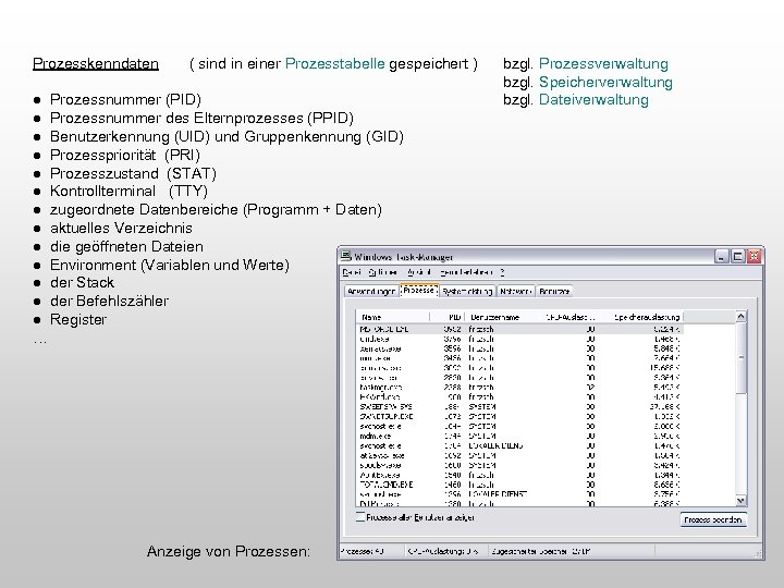 Prozesskenndaten ( sind in einer Prozesstabelle gespeichert ) ● Prozessnummer (PID) ● Prozessnummer des