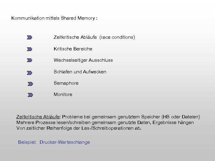 Kommunikation mittels Shared Memory : Zeitkritische Abläufe (race conditions) Kritische Bereiche Wechselseitiger Ausschluss Schlafen