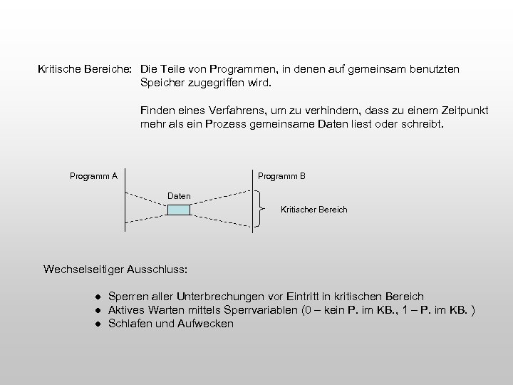 Kritische Bereiche: Die Teile von Programmen, in denen auf gemeinsam benutzten Speicher zugegriffen wird.