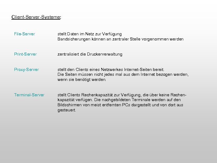 Client-Server-Systeme: File-Server stellt Daten im Netz zur Verfügung Bandsicherungen können an zentraler Stelle vorgenommen