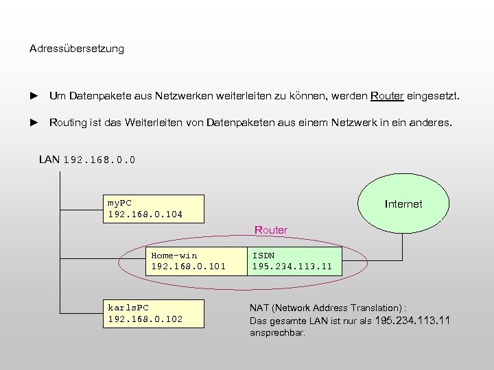 Adressübersetzung ► Um Datenpakete aus Netzwerken weiterleiten zu können, werden Router eingesetzt. ► Routing