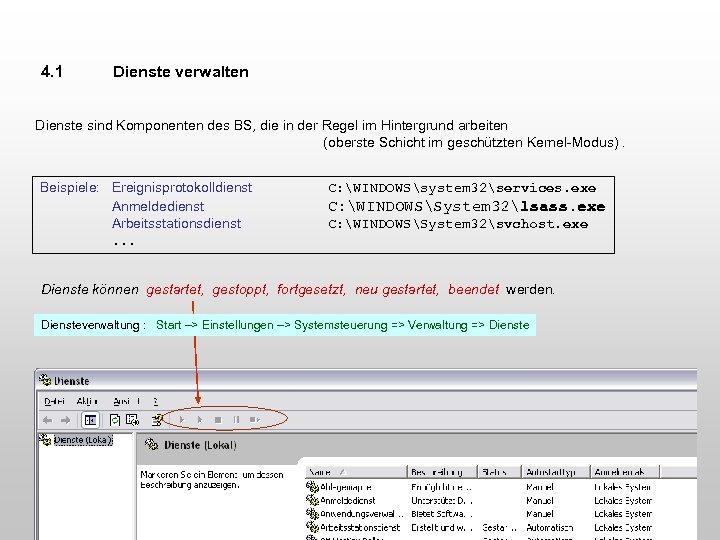 4. 1 Dienste verwalten Dienste sind Komponenten des BS, die in der Regel im