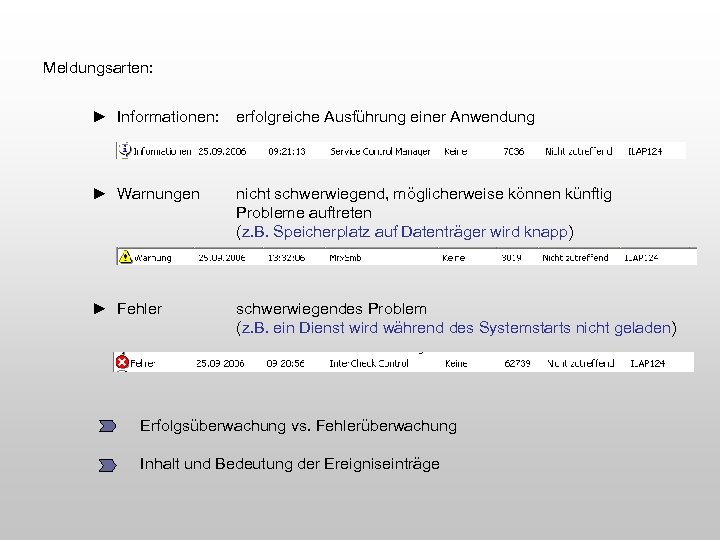 Meldungsarten: ► Informationen: erfolgreiche Ausführung einer Anwendung ► Warnungen nicht schwerwiegend, möglicherweise können künftig