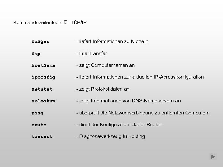 Kommandozeilentools für TCP/IP finger - liefert Informationen zu Nutzern ftp - File Transfer hostname