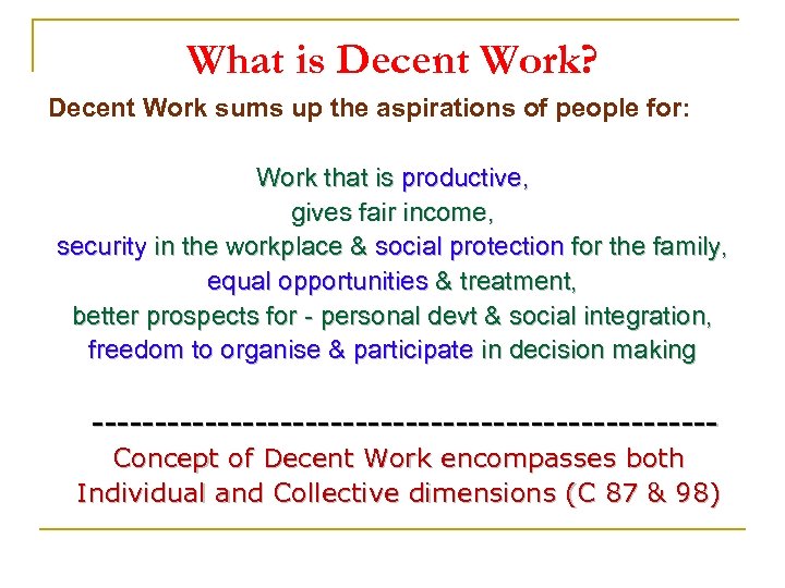 What is Decent Work? Decent Work sums up the aspirations of people for: Work