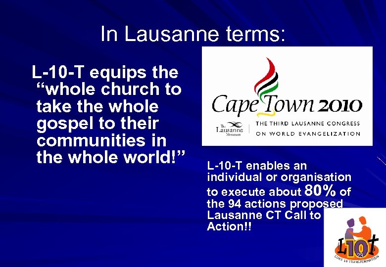 In Lausanne terms: L-10 -T equips the “whole church to take the whole gospel