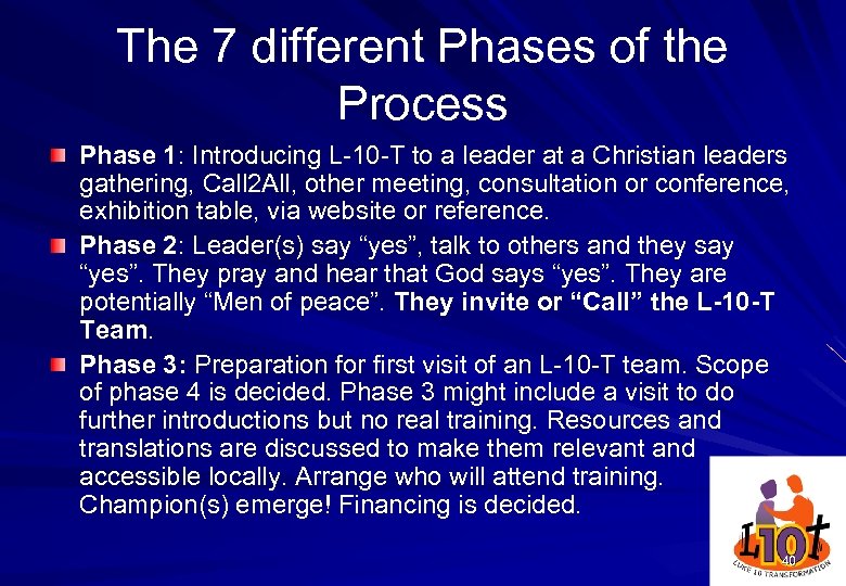 The 7 different Phases of the Process Phase 1: Introducing L-10 -T to a