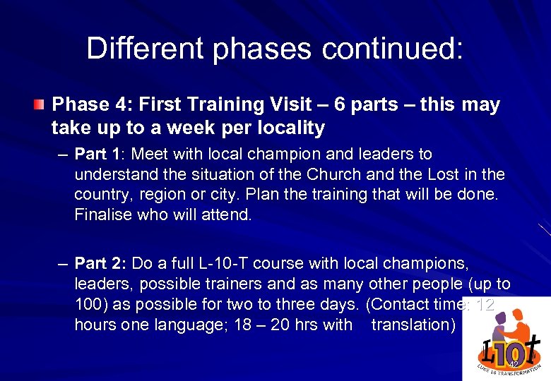 Different phases continued: Phase 4: First Training Visit – 6 parts – this may