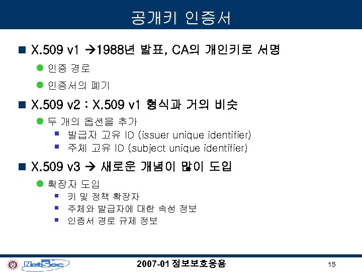 공개키 인증서 n X. 509 v 1 1988년 발표, CA의 개인키로 서명 l 인증