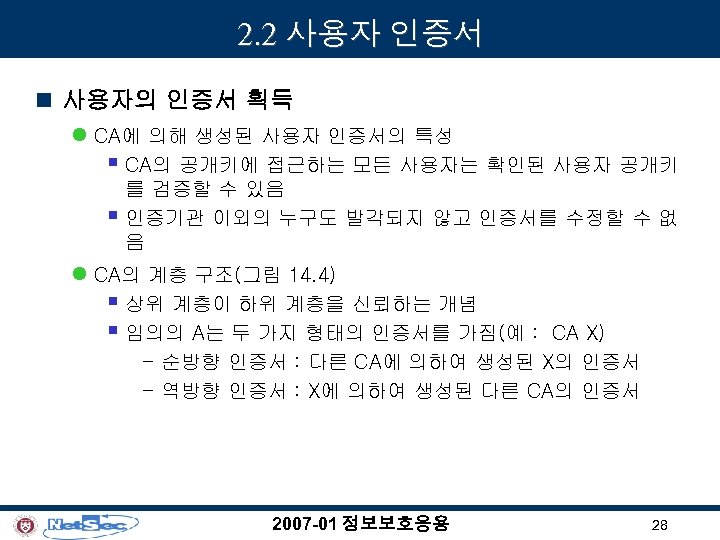 2. 2 사용자 인증서 n 사용자의 인증서 획득 l CA에 의해 생성된 사용자 인증서의
