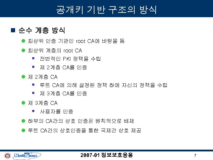 공개키 기반 구조의 방식 n 순수 계층 방식 l 최상위 인증 기관인 root CA에