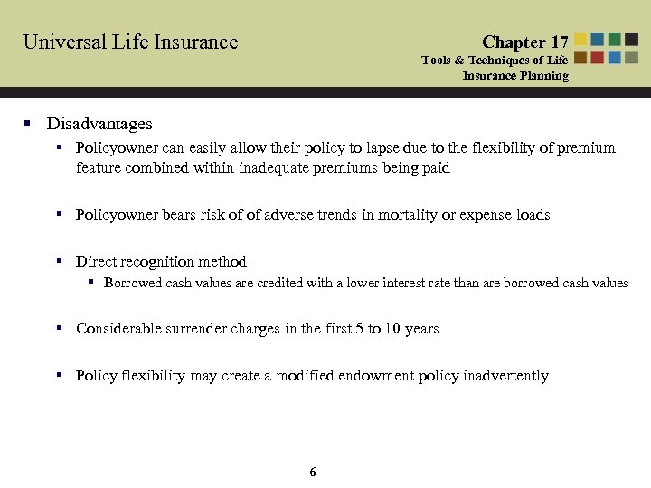 Universal Life Insurance Chapter 17 Tools & Techniques of Life Insurance Planning § Disadvantages