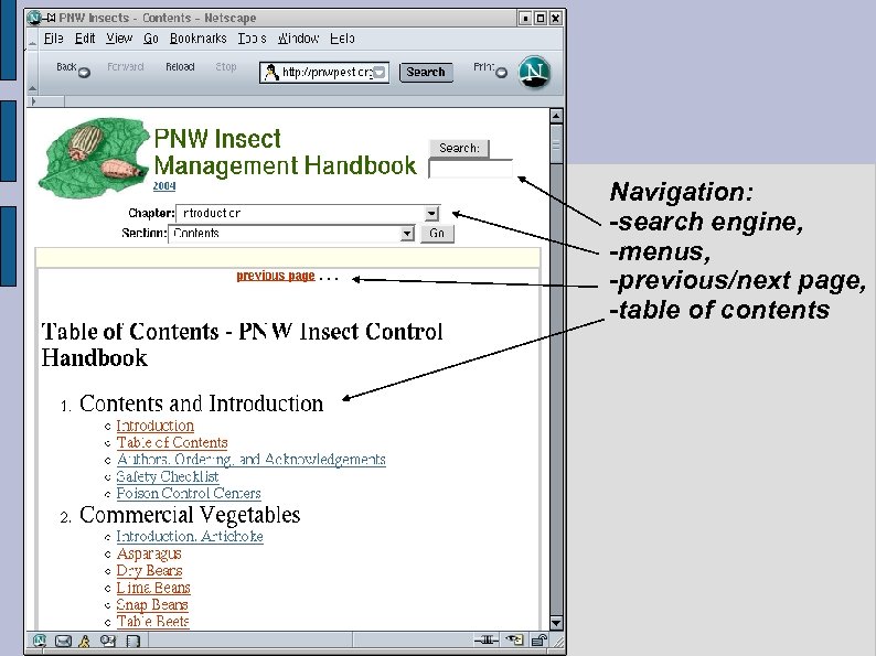 Navigation: -search engine, -menus, -previous/next page, -table of contents 