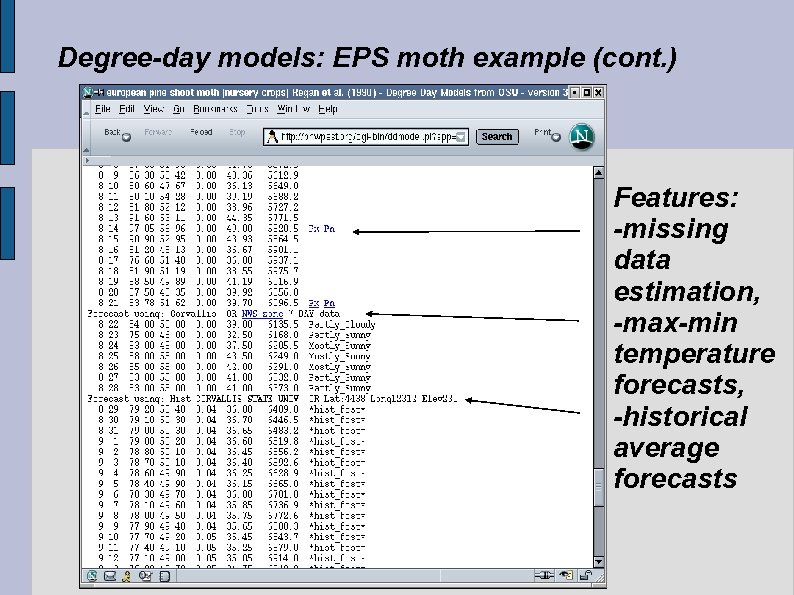 Degree-day models: EPS moth example (cont. ) Features: -missing data estimation, -max-min temperature forecasts,