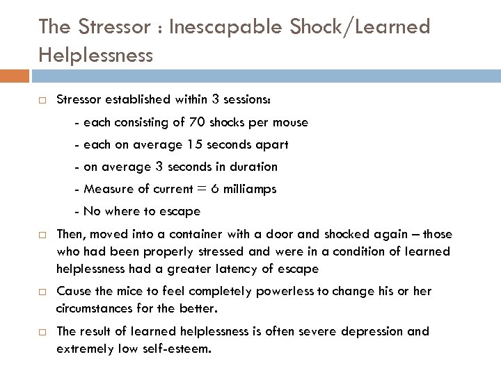 The Stressor : Inescapable Shock/Learned Helplessness Stressor established within 3 sessions: - each consisting