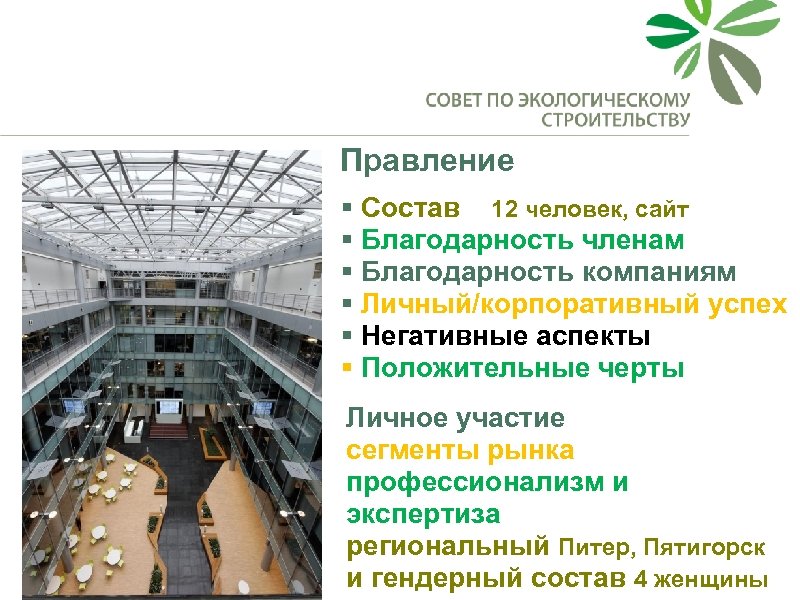Правление § Состав 12 человек, сайт § Благодарность членам § Благодарность компаниям § Личный/корпоративный
