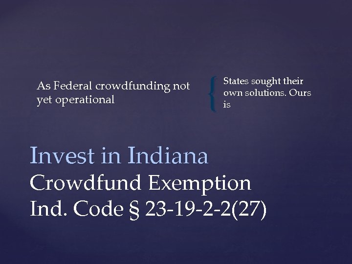 As Federal crowdfunding not yet operational { Invest in Indiana States sought their own