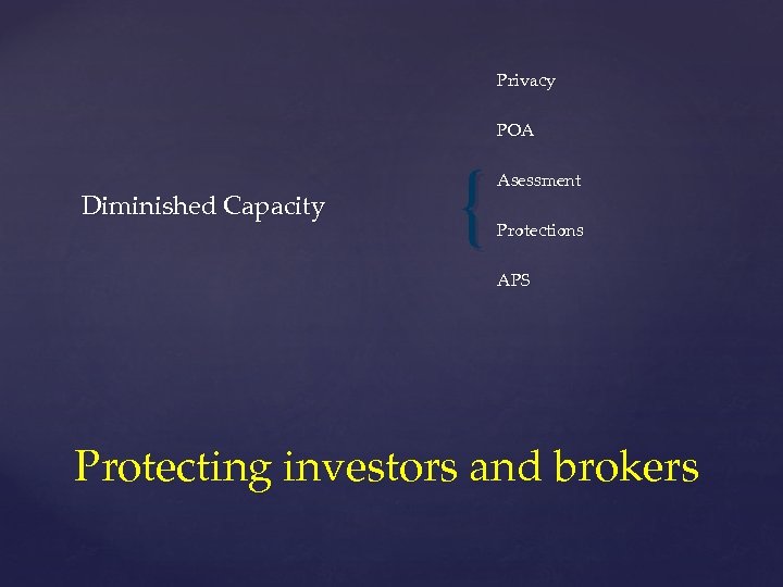 Privacy Diminished Capacity { POA Asessment Protections APS Protecting investors and brokers 
