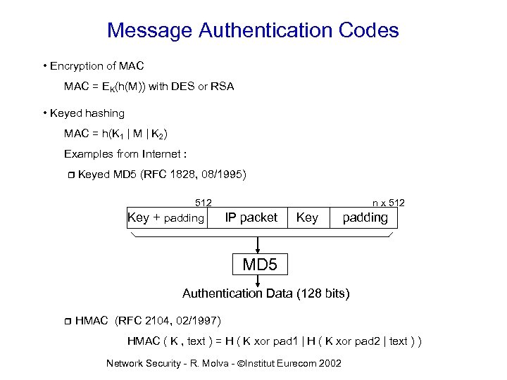 Message Authentication Codes • Encryption of MAC = EK(h(M)) with DES or RSA •