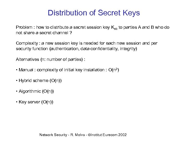 Distribution of Secret Keys Problem : how to distribute a secret session key Kab