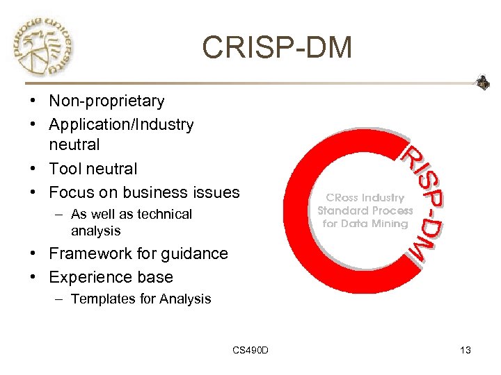 CRISP-DM • Non-proprietary • Application/Industry neutral • Tool neutral • Focus on business issues