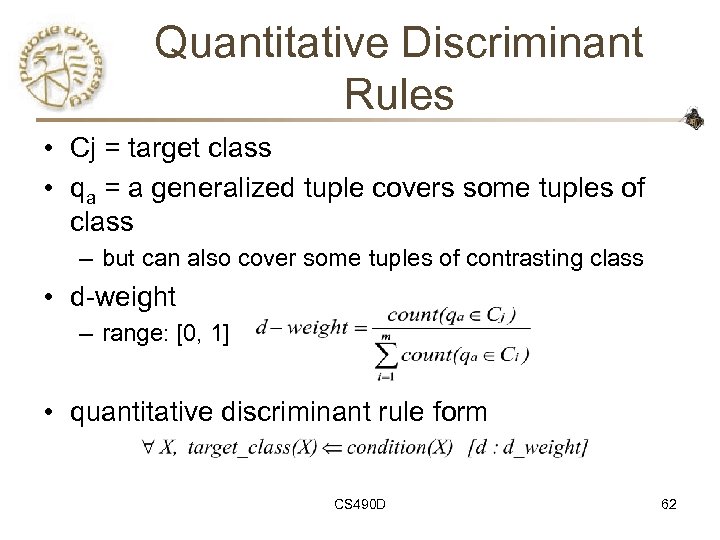 Quantitative Discriminant Rules • Cj = target class • qa = a generalized tuple