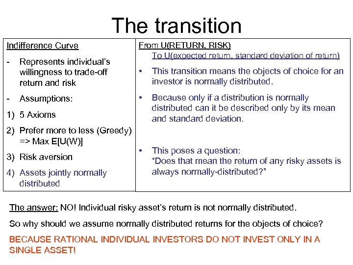 The transition Indifference Curve - Represents individual’s willingness to trade-off return and risk -