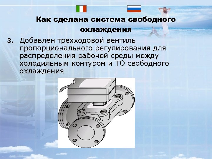 3. Как сделана система свободного охлаждения Добавлен трехходовой вентиль пропорционального регулирования для распределения рабочей