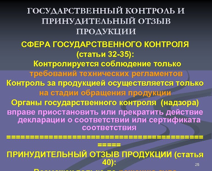 ГОСУДАРСТВЕННЫЙ КОНТРОЛЬ И ПРИНУДИТЕЛЬНЫЙ ОТЗЫВ ПРОДУКЦИИ СФЕРА ГОСУДАРСТВЕННОГО КОНТРОЛЯ (статьи 32 -35): Контролируется соблюдение