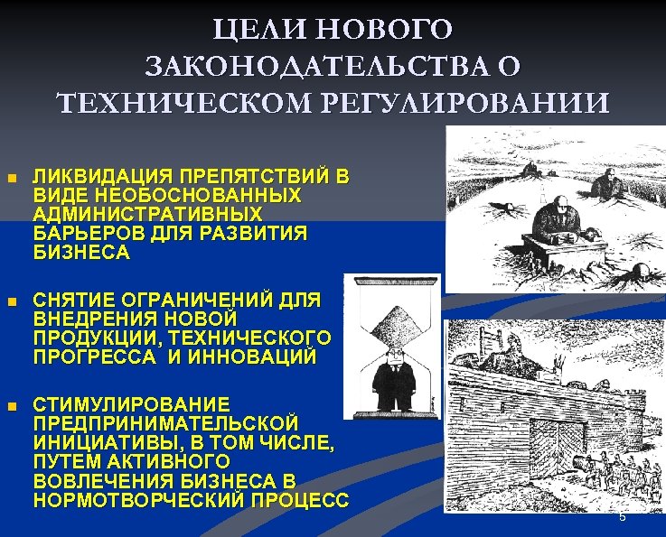 ЦЕЛИ НОВОГО ЗАКОНОДАТЕЛЬСТВА О ТЕХНИЧЕСКОМ РЕГУЛИРОВАНИИ n ЛИКВИДАЦИЯ ПРЕПЯТСТВИЙ В ВИДЕ НЕОБОСНОВАННЫХ АДМИНИСТРАТИВНЫХ БАРЬЕРОВ