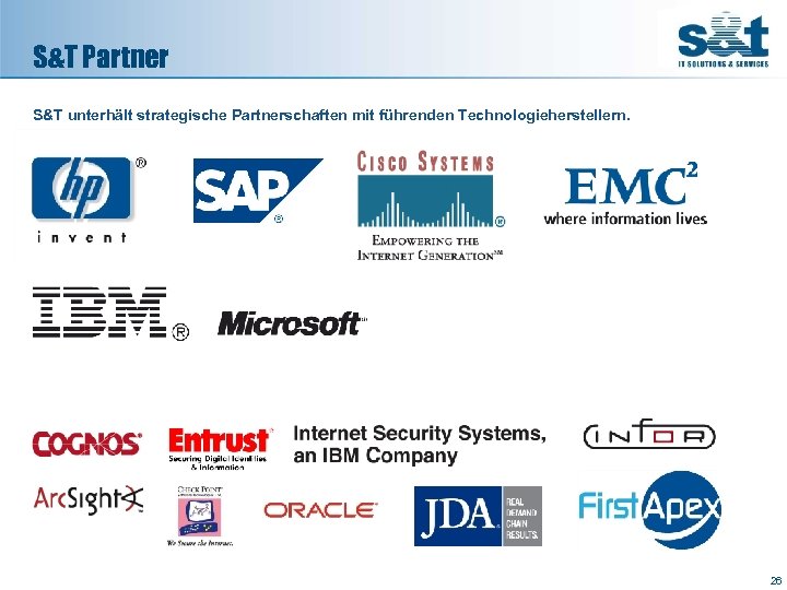 S&T Partner S&T unterhält strategische Partnerschaften mit führenden Technologieherstellern. 26 