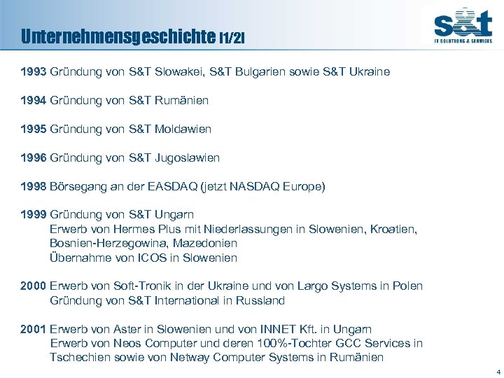 Unternehmensgeschichte [1/2] 1993 Gründung von S&T Slowakei, S&T Bulgarien sowie S&T Ukraine 1994 Gründung