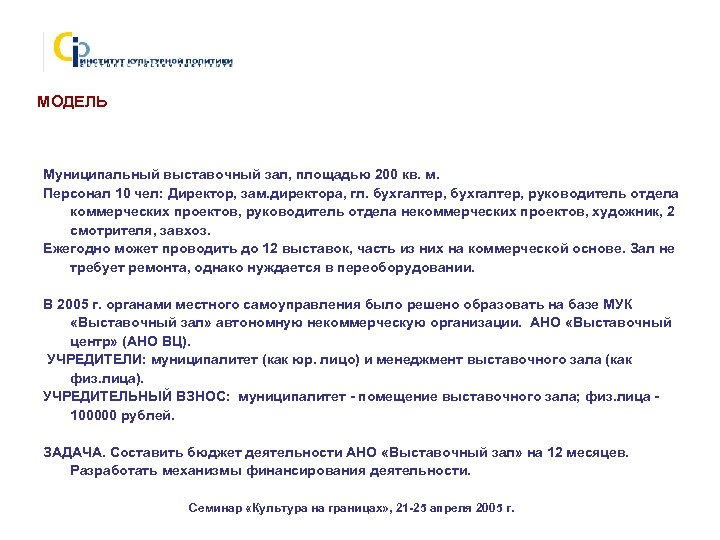 МОДЕЛЬ Муниципальный выставочный зал, площадью 200 кв. м. Персонал 10 чел: Директор, зам. директора,