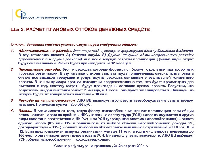 Шаг 3. РАСЧЕТ ПЛАНОВЫХ ОТТОКОВ ДЕНЕЖНЫХ СРЕДСТВ Оттоки денежных средств условно сгруппируем следующим образом: