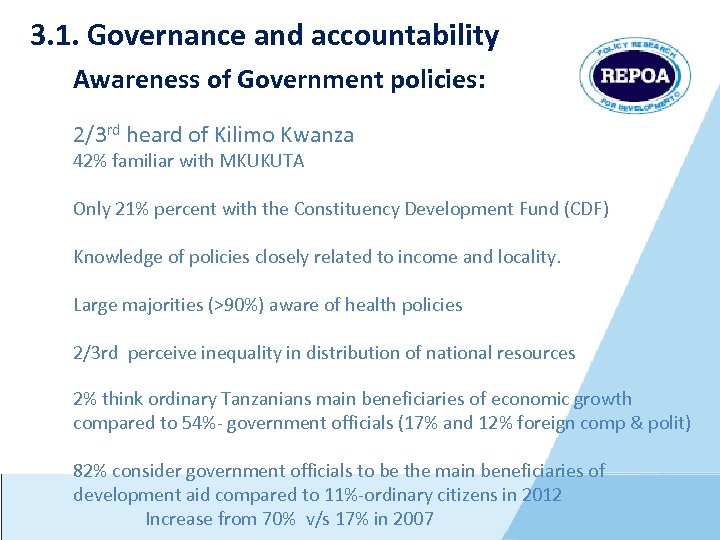 3. 1. Governance and accountability Awareness of Government policies: 2/3 rd heard of Kilimo