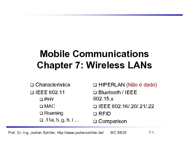 Mobile Communications Chapter 7: Wireless LANs Characteristics IEEE 802. 11 PHY MAC Roaming .