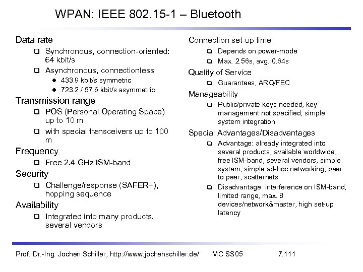 WPAN: IEEE 802. 15 -1 – Bluetooth Data rate Synchronous, connection-oriented: 64 kbit/s Asynchronous,