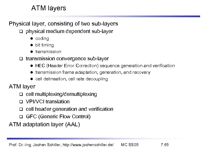 ATM layers Physical layer, consisting of two sub-layers physical medium dependent sub-layer coding l