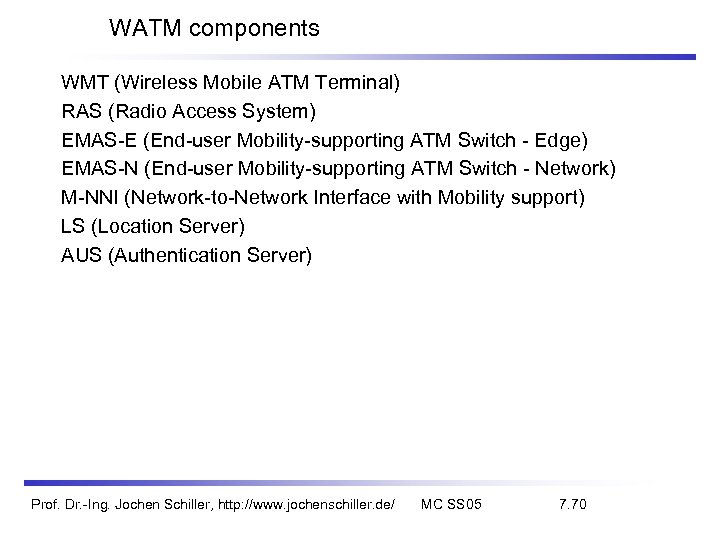 WATM components WMT (Wireless Mobile ATM Terminal) RAS (Radio Access System) EMAS-E (End-user Mobility-supporting