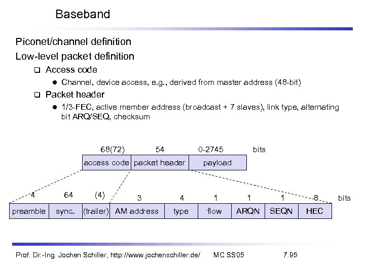 Baseband Piconet/channel definition Low-level packet definition Access code l Channel, device access, e. g.