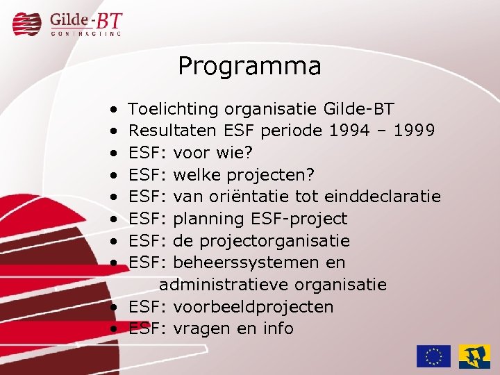 Programma • • Toelichting organisatie Gilde-BT Resultaten ESF periode 1994 – 1999 ESF: voor