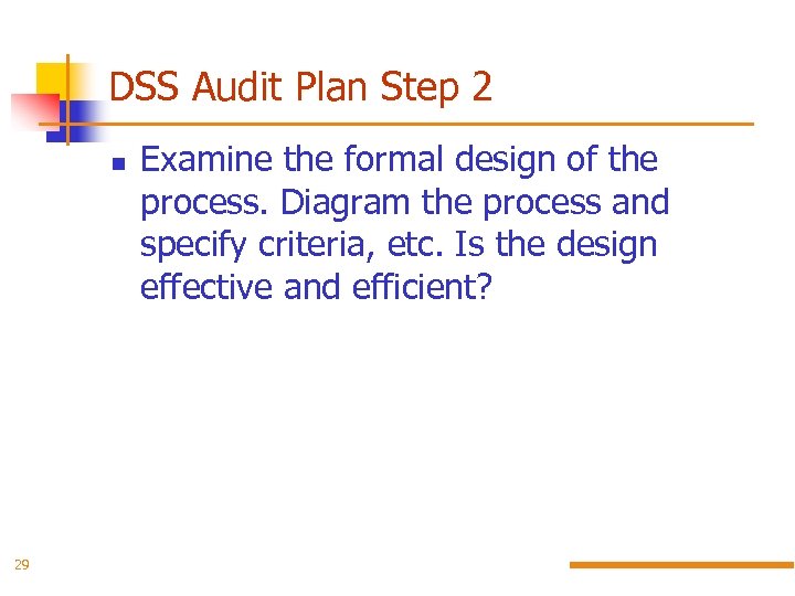 DSS Audit Plan Step 2 29 Examine the formal design of the process. Diagram