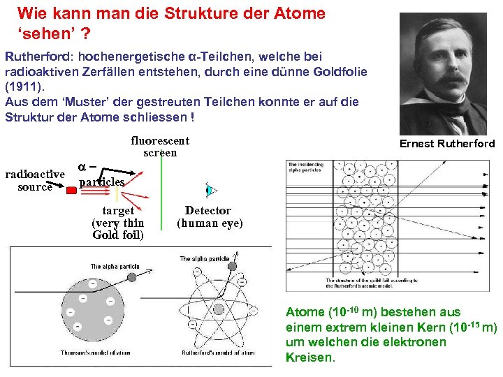 Wie kann man die Strukture der Atome ‘sehen’ ? Rutherford: hochenergetische α-Teilchen, welche bei