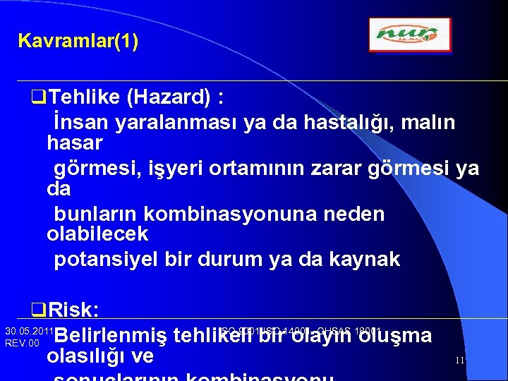 Kavramlar(1) q. Tehlike (Hazard) : İnsan yaralanması ya da hastalığı, malın hasar görmesi, işyeri