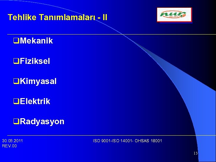 Tehlike Tanımlamaları - II q. Mekanik q. Fiziksel q. Kimyasal q. Elektrik q. Radyasyon