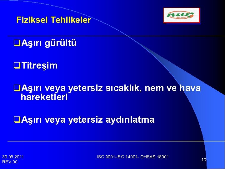 Fiziksel Tehlikeler q. Aşırı gürültü q. Titreşim q. Aşırı veya yetersiz sıcaklık, nem ve